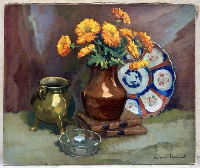 LEROUX Georges Tableau Ancien Nature Morte Fleurs Livres Assiette Imari Peinture - Photo 1/4