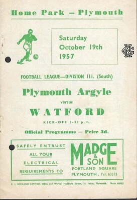 Plymouth Argyle v Watford FLD3 South. 19th October 1957 - Image 1 of 2