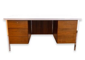 Knoll Walnut Mid Century Modern Double Pedestal Desk with White Laminate Top - Picture 1 of 12