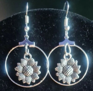 Sunflowers Charms Pendants In Hoops Dangle Earrings. - Picture 1 of 1