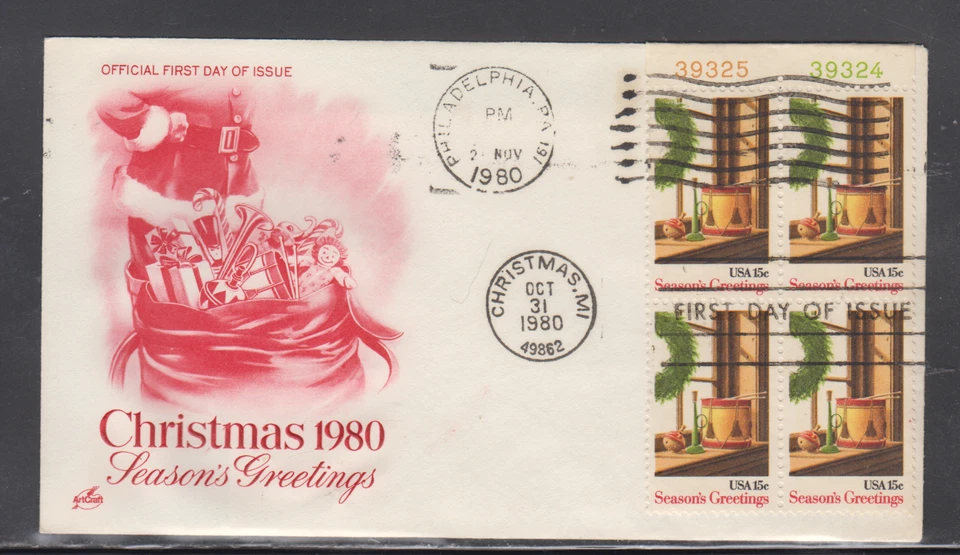 USA  1980  / USED - FDC  SCOTT #  1843   XMAS PL. BLOCK NUMBER - Image 1 of 1