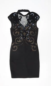Lipsy Womens Black Geometric Polyester Bodycon Size 10 Round Neck Zip - Picture 1 of 10