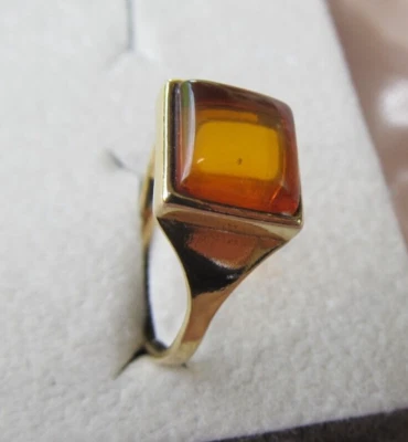 Anello In Vermeil Argento E Oro Con Cabochon In Ambra Taglia 56 - Immagine 1 di 4