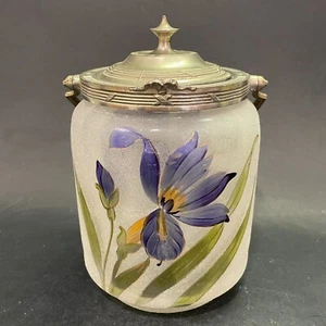 Pot à biscuits en verre peint émaillé à décor de fleur (H : 19 cm) - Picture 1 of 14