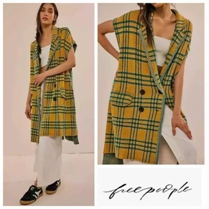 New Free People Sz L Plaid Peacoat Green/Yellow Vest Knit  - Picture 1 of 11