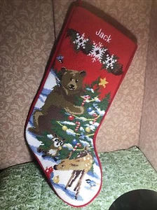Needlepoint Weihnachtsstrumpf "JACK" Bär Waschbär Hirsch Neu - Bild 1 von 6