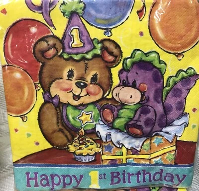 Servilletas de fiesta de primer cumpleaños 2 paquetes 36 piezas 6 1/2" oso dinosaurio Foto 1 de 3