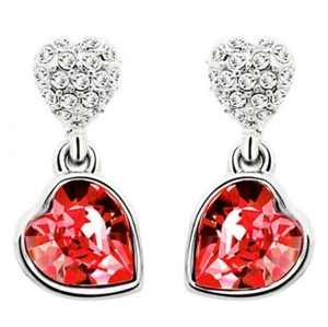 Orecchini pendenti LINEL argento doppio cuore rosso cristallo accenti strass - Foto 1 di 1