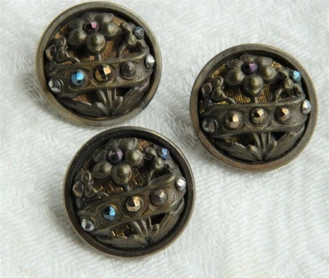 LOT of 3 Antique Buttons CUT STEEL w/ FLOWERS Multi Construct Openwork 7/8" Cover