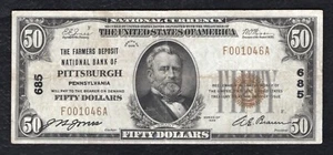 1929 $50 THE FARMERS DEPOSIT NB OF PITTSBURGH, PA NATIONAL CURRENCY CH. #685 - Picture 1 of 2