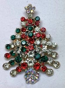 Ausgefallene Christbaum Brosche Anstecknadel rot grün klar AB Strass Exc. 2,1/4" - Bild 1 von 4