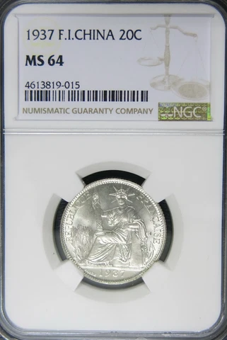 French Indochina 1937 20 Cents Silver coin. NGC MS 64 Cover