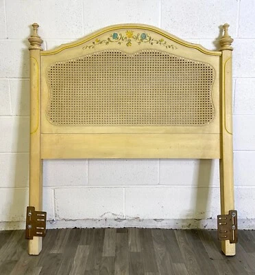 Vintage French Provincial Hollywood Regency Caned Hand Painted Twin Headboard - Image 1 of 4