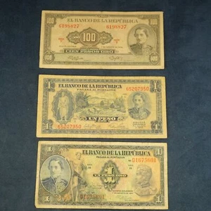 Lot of 3 Colombian Gold Peso (ORO) Banknotes (1,1, and 100) - Free Shipping USA - Picture 1 of 4