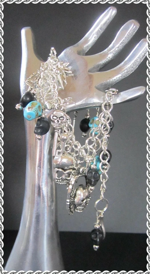Turquoise and Black Howlite Skull Charm Bracelet  - Image 1 of 4