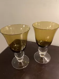 SET OF TWO HAND BLOWN AMBER BROWN WATER GOBLETS - Picture 1 of 4