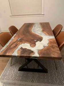 Solid White Epoxy Resin Dining Table Top, Wooden Epoxy Modern Office Furniture - Picture 1 of 9