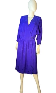 Vintage 80s Argenti 100% Silk Wrap Dress Womens 12 Purple Batwing Sleeve Pockets - Picture 1 of 9