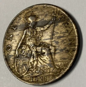 Beautiful 1921 Toned Bronze Woody Error Great Britain One Penny King George AU+ - Picture 1 of 5