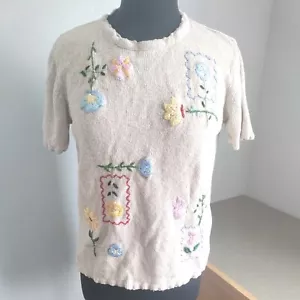 Vtg Haband Short Sleeve Sweater M Embroidered Floral Oatmeal Spring Grannycore - Picture 1 of 13