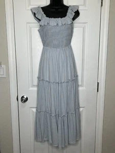Old Navy Womens SZ XS Maxi Dress Blue Stripe Tiered Ruffle Peasant Cottage Core - Picture 1 of 11