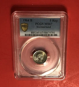 SCHWEIZ -1964-B-5 RAPPEN MÜNZE,GRADED BY PCGS MS67 - Bild 1 von 4