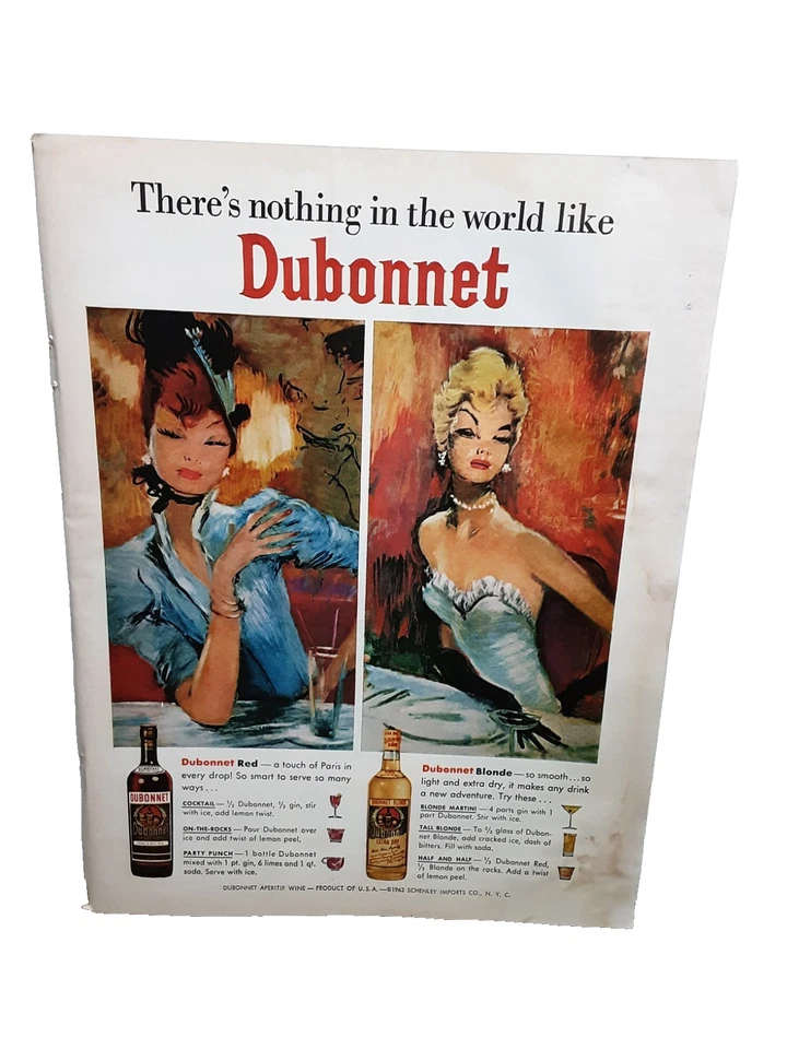 Vintage Dubonnet Wine Ad – Red & Blonde Cocktails 1964 Art Style Women - Image 1 of 1