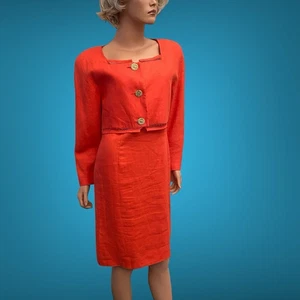 Vintage 80er Scaasi Leinen Anzug Set Kleid gefüttert Cropped Jacke himmlische Knöpfe Gr. 12 - Bild 1 von 12