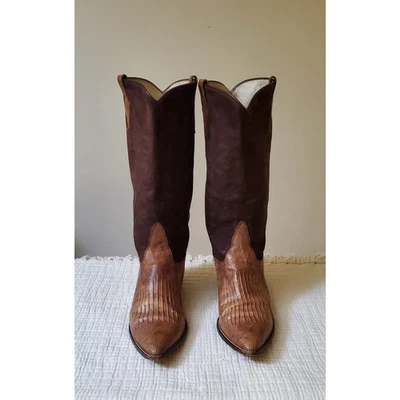 Donald Pilner Brown Suede Snakeskin Wm Western Boots Made In Italy Eur 38 US 7 - Image 1 of 4