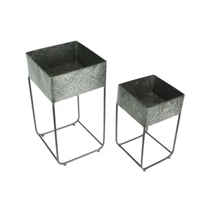 Zeckos Set of 2 Galvanized Zinc Finish Square Metal Planters On Stands - Picture 1 of 5