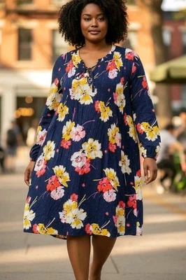 Old Navy Floral Swing Dress Size 2XL Cottagecore Boho Pintuck Pleats Fall - Image 1 of 4