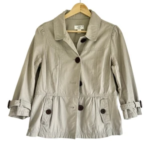 LOFT Womens Jacket Cotton Blend Button Front 3/4 Sleeve Peplum Waist Khaki - Picture 1 of 6