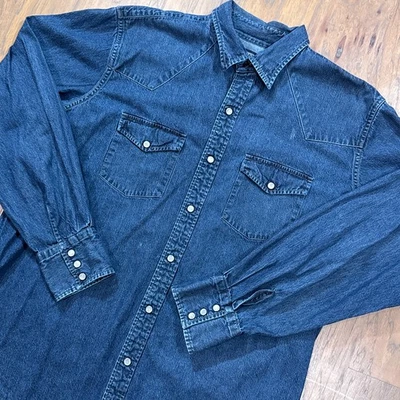 Vintage Lands End Shirt Mens L Blue Denim Cotton Pearl Snap Western Wear Pockets - Image 1 of 4
