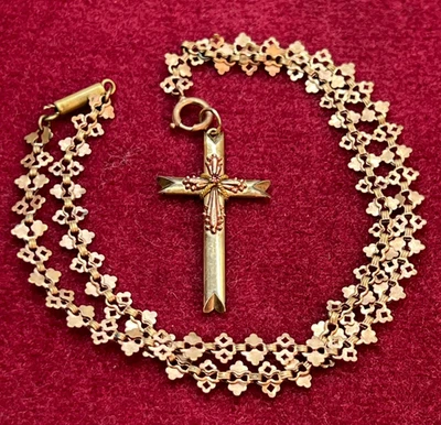 Старинное викторианское ожерелье цепочка с подвеской крест заполненный золотом рубиновый камень - Изображение 1 из 4