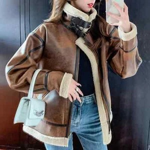 NEW Women's Genuine Aviator Distressed Sherpa Shearling Sheepskin Leather Jacket - Picture 1 of 5
