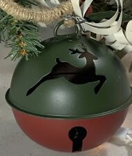 Vtg Door Knob Ornament Jingle Bell Reindeer Cut Out Hangs Metal Holly Red Green