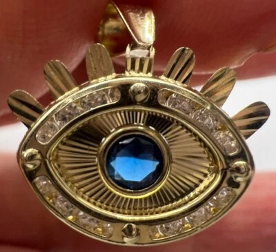 GOLd BLUE bad evil eye fatima nazar good luck 10k cz charm pendant .80” - Image 1 of 4