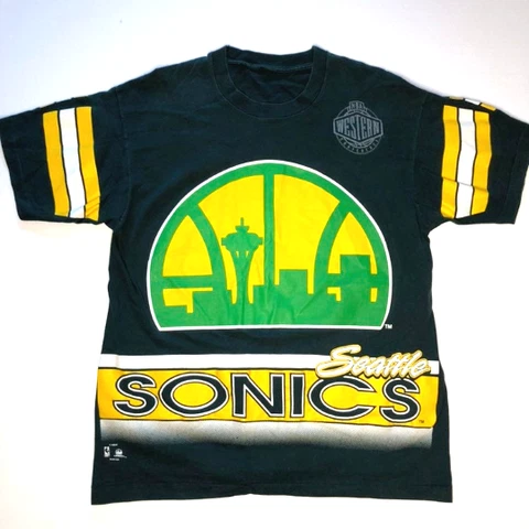 Vtg 90's NBA Seattle SuperSonics Sonics FRONT BACK All Over Print T-Shirt Men XL Cover