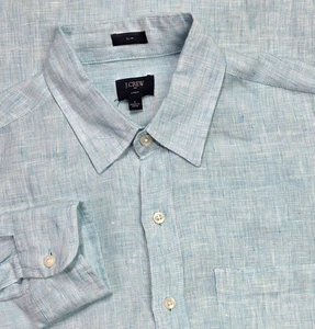 J Crew Linen Button Up Shirt S Long Sleeve Slim Aqua Blue Mini Check Lightweight - Picture 1 of 11