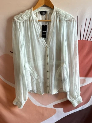 NWT Bebe Women’s Button Silk Chiffon Blouse Top Rosette Mint Semi Sheer Size M - Image 1 of 4