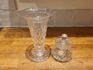 Webb Corbett Crystal Glass Jam Honey Jar And Vase Lot Vintage Diamond Cut - Picture 1 of 20