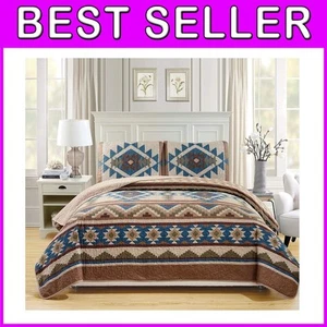 Beige and Blue Oversized Quilt Set with Pillow Shams - Rustic Southwestern Style - Picture 1 of 2
