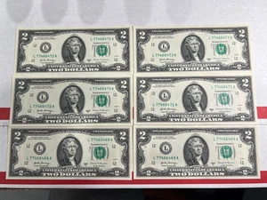 6 Consecutive Serial Number,  2017A , US $2 DOLLAR BILLS Uncirculated - Picture 1 of 2