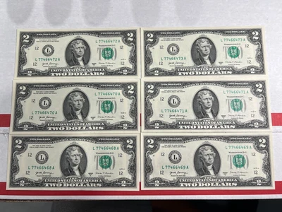 6 Consecutive Serial Number,  2017A , US $2 DOLLAR BILLS Uncirculated - Image 1 of 2