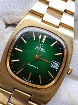 Винтажные мужские автоматические часы Omega Geneve позолота зеленый циферблат 35 мм рабочие - Изображение 1 из 4