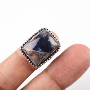 Sterling Silver Finish Sodalite Gemstone Engagement Bezel Vintage Ring Size 8.5 - Picture 1 of 7