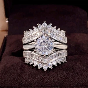 Juego de 3 anillos de lujo de circonitas cúbicas enchapados en plata para mujer joyas regalos talla 6-10 - Imagen 1 de 7