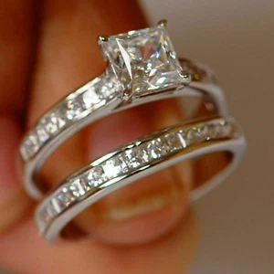 1.5Ct Princess Cut Moissanite Engagement Ring Wedding Set 14k White Gold Plated - Picture 1 of 5
