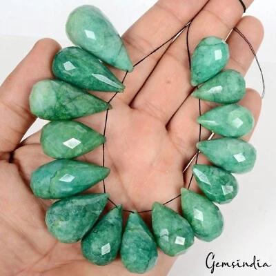 730 Cts/15 Piezas Cuentas de Taladro de Pera Esmeralda Verde Natural/Gemas Briolette para Joyería Foto 1 de 4