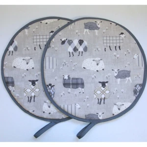 Pair of Sheep Aga Range Hob Lid Covers x 2 Cook Chef Pad With Loop Grey Tartan - Picture 1 of 5